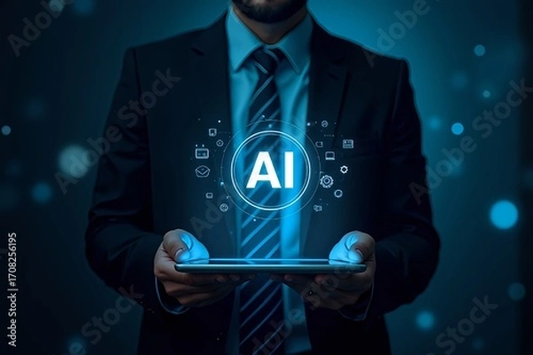 Fototapeta Businessman holding a tablet displaying the ai symbol with glowing digital connections and futuristic technology elements