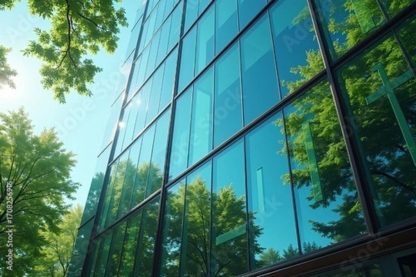 Fototapeta Modern glass building reflecting lush green trees and bright blue sky on a sunny day