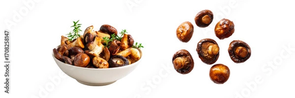 Fototapeta Delicious brown mushrooms in a bowl with transparent background food photography natural light