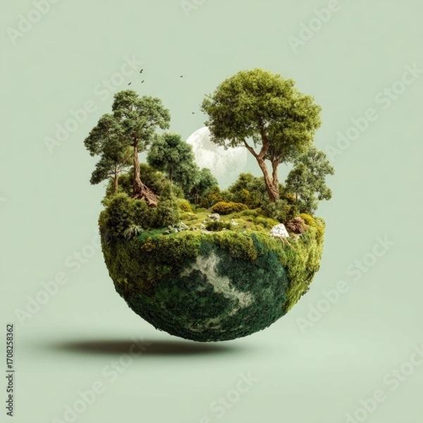 Fototapeta A miniature, lush, spherical earth afloat, teeming with diverse greenery, trees, and a serene moonlit sky