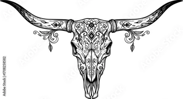 Fototapeta Detailed linework longhorn steer skull western americana rustic animal skull art vector
