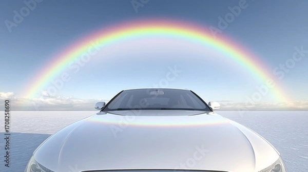 Fototapeta illustration of a car's hood, perfectly clean and shiny. The reflection on the hood shows a pristine, beautiful landscape with a rainbow, conveying the idea that a clean car can transport a 