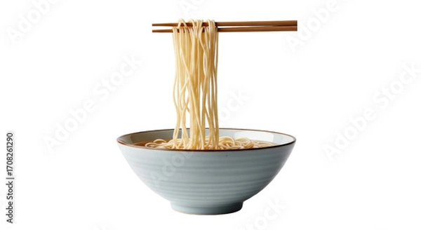 Obraz Isolated tasty bowl of ramen noodles held up in the air by chopsticks ready to eat