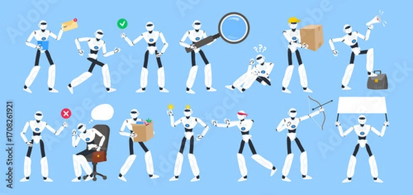 Fototapeta robot in various poses and situations scenes set  modern technology vector illustration