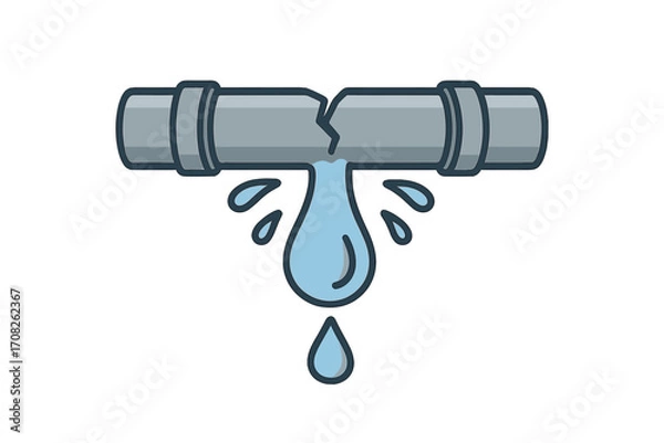 Obraz Water leak from broken pipe icon. Vector cartoon illustration of a burst pipeline. Plumbing problems, water damage, and home repair emergency concept. Dripping water from cracked tube.