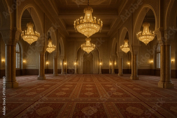 Fototapeta Luxury Mosque Interior with Chandeliers and Geometric Patterns