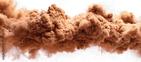 Fototapeta A wide shot of a cloud of light brown, diffused smoke or dust against a pure white background.  It has a textured, fluffy appearance