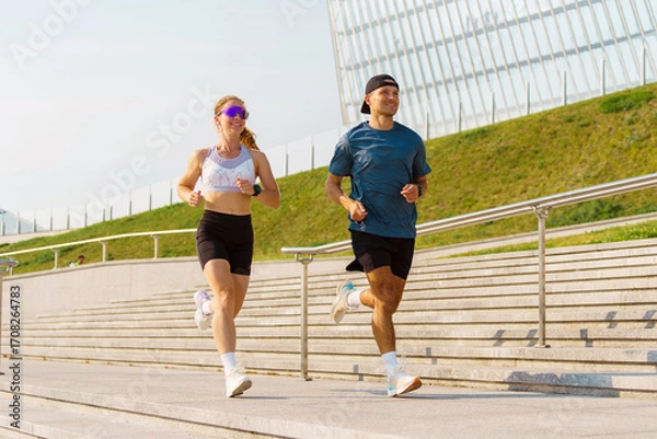 Fototapeta Couple running together near modern architecture in the city