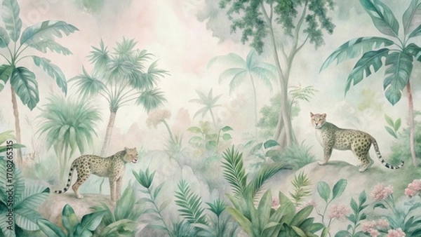 Obraz Lush tropical jungle scene with exotic animals and vibrant palm trees