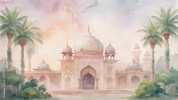 Obraz Exquisite mughal palace facade with palm trees and soft sunset sky