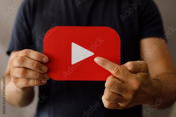 Fototapeta Close-up of a person's hands holding a red YouTube play button.  Perfect for social media, video marketing, and online content.