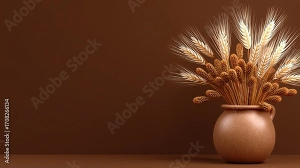 Fototapeta A 3D illustration showcasing autumn wheat leaves placed in a vase on a brown background, highlighting the natural shape of the wheat leaves and the simplicity and freshness of the minimalist design.
