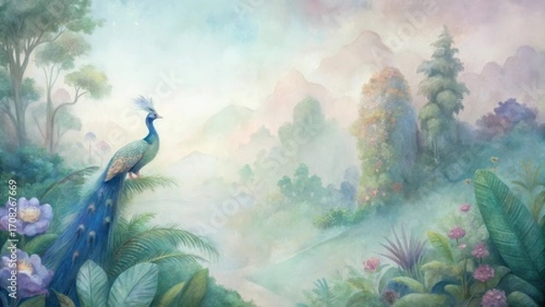 Obraz Vibrant lush tropical forest scene with peacock serene nature pathway peaceful ambiance
