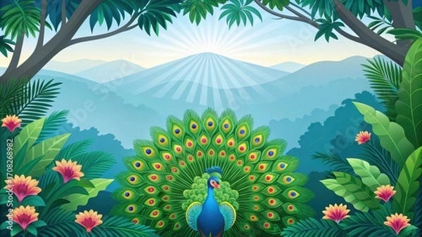 Obraz Vibrant lush tropical forest with majestic peacock displaying feathers serene landscape