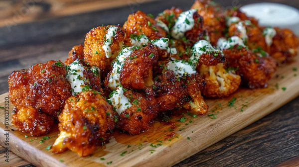 Fototapeta Closeup of crispy saucy chicken bites in a bowl held by hands
