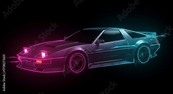 Fototapeta Retro Car with Neon Outline on Dark Background