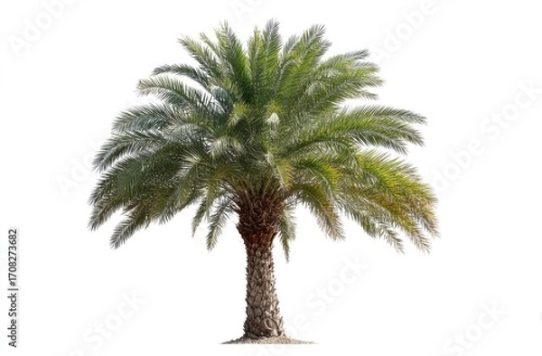 Fototapeta Isolated date palm tree against white background.  Full view of a lush, healthy palm tree with a thick trunk and a broad, spreading crown of fronds. 