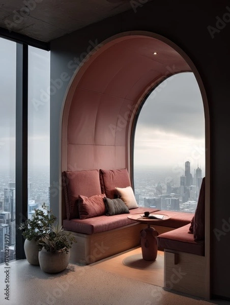 Fototapeta Modern, cozy seating nook with an arched window overlooking a cityscape.
