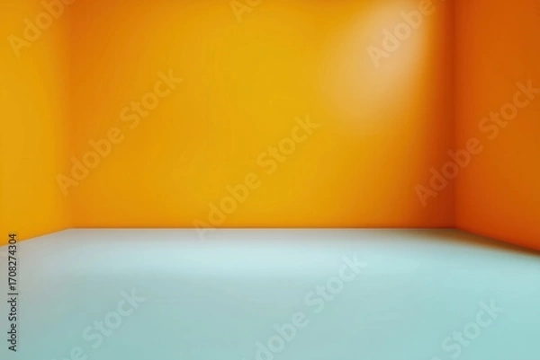 Fototapeta A vivid corner in a room featuring striking orange walls and a serene, light blue floor surface.