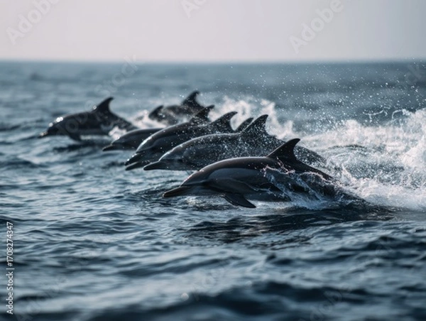 Fototapeta Pod of Dolphins Leaping from Ocean Waves