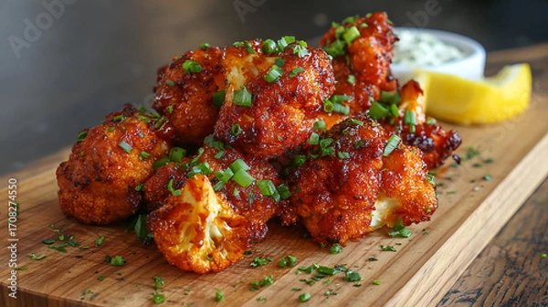 Fototapeta Gobi manchurian popular indochinese food made of cauliflower florets served in a white plate over a rustic wooden table selective focus
