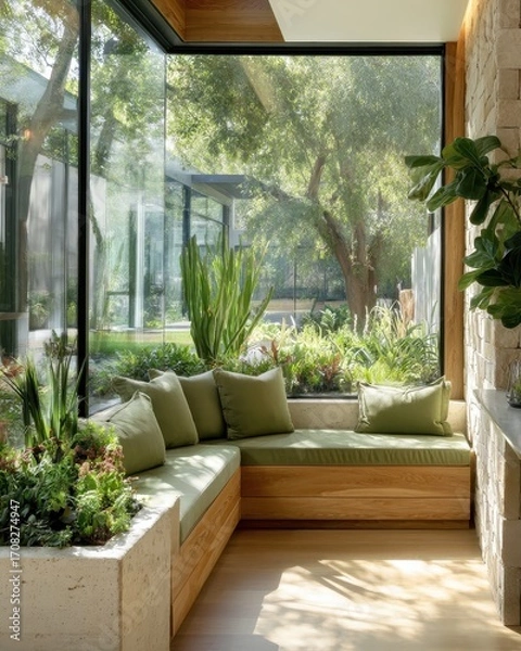 Fototapeta Corner window seat with sage green cushions and lush greenery.
