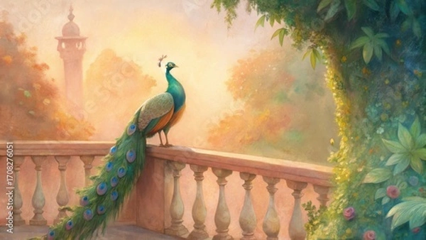 Obraz Majestic peacock perched on ornate balcony with soft golden sunlight and lush greenery