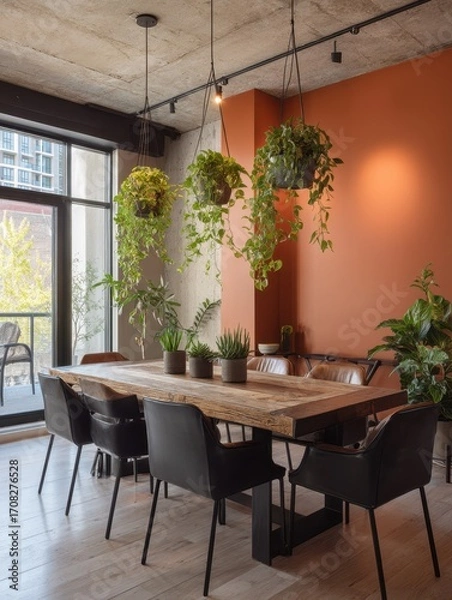Fototapeta Rustic dining room with hanging plants and a wooden table.
