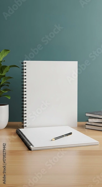 Fototapeta Organized Workspace with Blank Notebooks, Pen, Plant, and Stack of Books