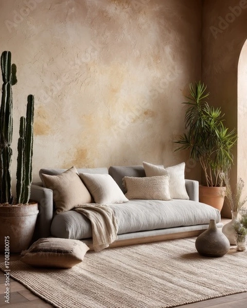 Fototapeta A light gray sectional sofa with neutral colored pillows and a woven rug in a living room with a textured beige wall.