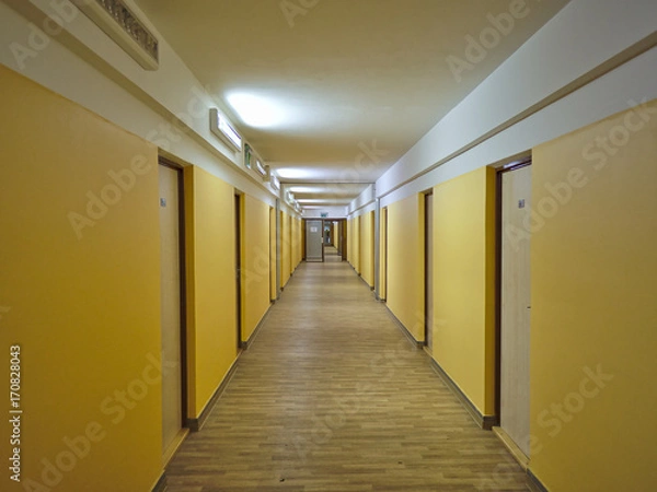 Obraz Long empty dormitory corridor with vintage style.