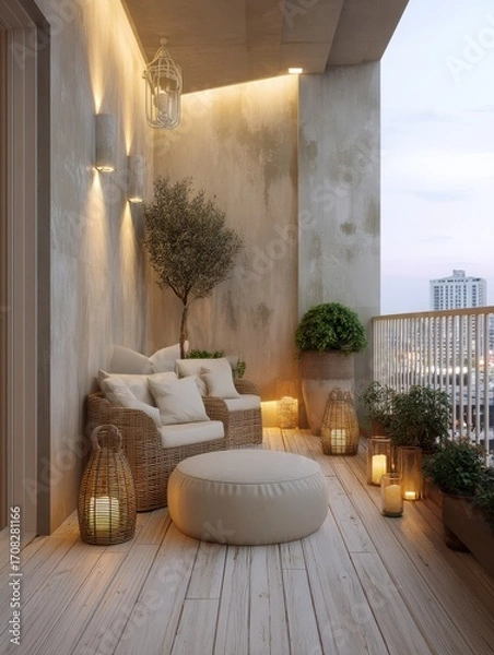Fototapeta Stylish outdoor balcony setting with comfortable seating and warm lighting.
