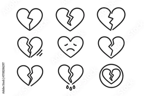 Fototapeta Broken heart line icon set. Heartbreak, divorce, and sadness concept symbols. Vector outline signs for graphic and web design, apps, and UI. Love and relationship crisis.
