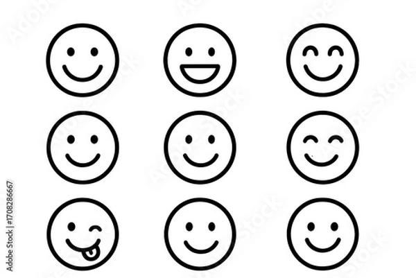 Obraz Simple smiley face icon set. Black and white line art vector illustration collection. Happy emoticons with various positive emotions and expressions for web and mobile apps design.