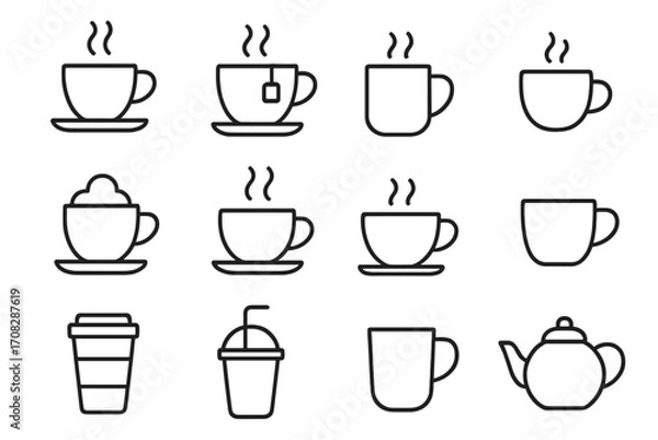 Fototapeta Coffee and tea line icon set. Hot drink symbols collection. Vector cup, mug, cappuccino, latte, teapot outline illustration. Editable stroke for web, app, menu design.