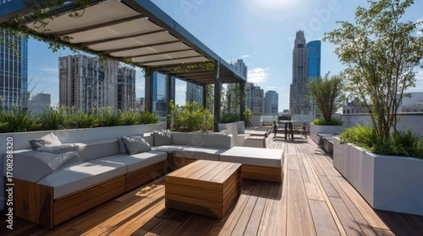 Fototapeta Rooftop seating area with city views.