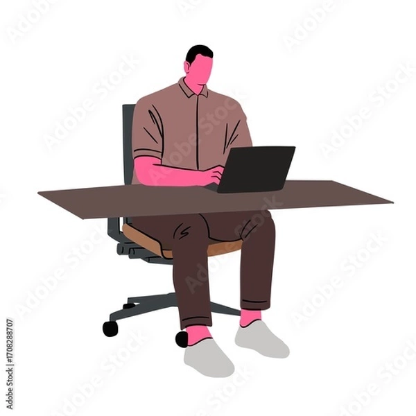 Fototapeta Flat Illustration of Man Sitting at Desk with Laptop in Office Workspace