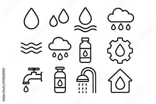 Fototapeta Water related icon set with editable stroke, vector cartoon illustration of drops, rain, shower, faucet, bottle, waves, gear, and house symbols for web, apps, books, cards