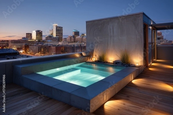 Fototapeta Rooftop jacuzzi with city view at twilight.