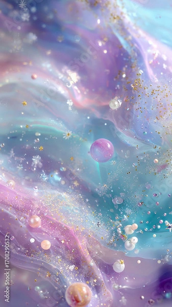 Fototapeta Mesmerizing abstract background featuring swirling pastel colors of purple, blue, and pink, adorned with shimmering glitter and delicate bubbles. ethereal design evokes sense of wonder