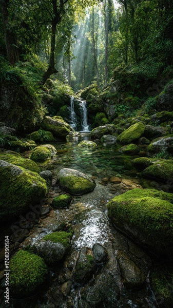 Fototapeta Tranquil forest waterfall surrounded by smooth stones and lush greenery, with sunlight filtering through trees, creating serene atmosphere. water reflects vibrant colors of nature, inviting peace