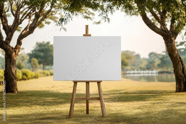 Fototapeta Blank canvas on easel stands in serene outdoor setting, surrounded by lush greenery and trees. peaceful atmosphere invites creativity and inspiration, perfect for artistic expression