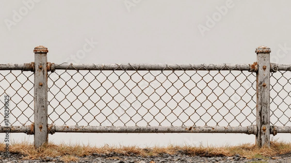 Fototapeta Long shot of old chain link fence with rusted posts, surrounded by dry grass and gravel, evokes sense of abandonment and nostalgia