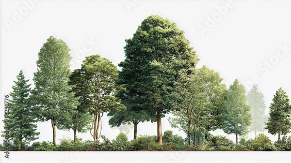 Fototapeta Lush green trees create vibrant natural scene, showcasing various species with rich foliage against clean white background. This evokes sense of tranquility and connection to nature