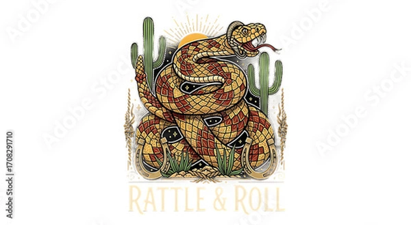 Fototapeta Rattlesnake Desert Illustration with Cactus and Sun – Bold Wildlife Art with 'Rattle & Roll' Text