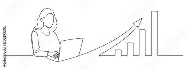 Fototapeta Woman with laptop computer in one continuous line drawing. Businesswoman and female student with growth chart in simple linear style. Searching concept in Editable stroke. Sketch vector illustration