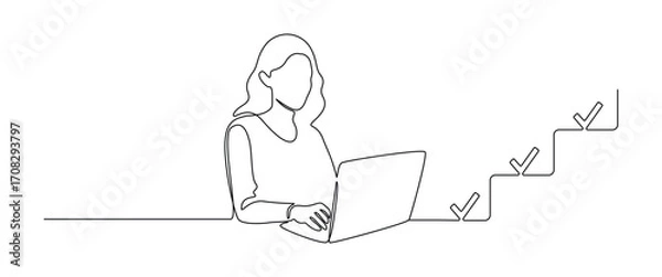 Fototapeta Woman with laptop computer in one continuous line drawing. Businesswoman and female student with check marks in simple linear style. Searching concept in Editable stroke. Sketch vector illustration