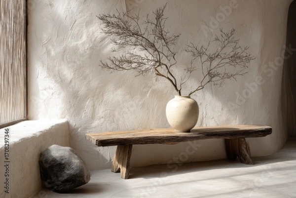 Fototapeta A simple, rustic interior scene with natural elements.