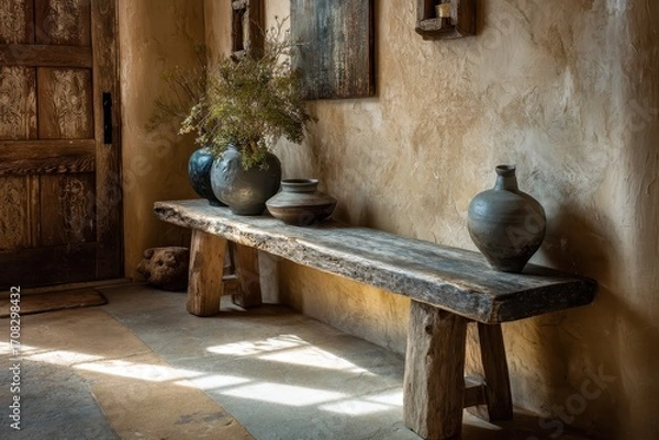 Fototapeta Rustic wooden bench with pottery and plants in a hallway.