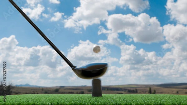 Obraz ゴルフ練習場でボールをウッドドライバーで打った瞬間のイメージ
